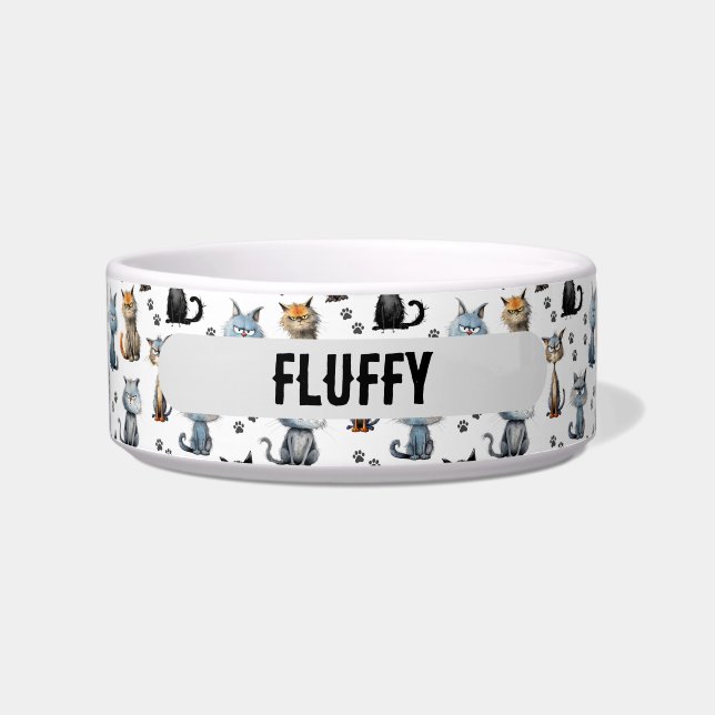 怒った顔の猫 足跡パターン 名前 ボウル (正面)