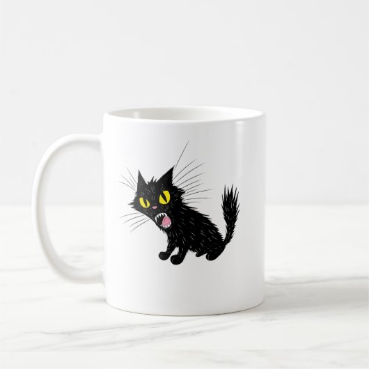 怒った黒猫のキャラクターTシャツ コーヒーマグカップ (左)