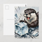怒っているカワウソが氷を割っている ポストカード (正面/裏面)