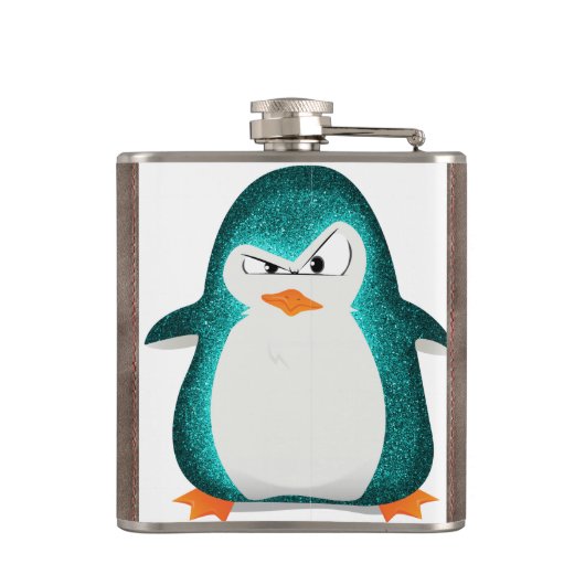 怒っているペンギンのティール（緑がかった色）のグリッターの写真のプリント フラスク (裏面)