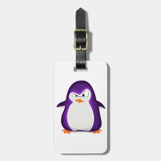 怒っているペンギンの紫色のグリッターの写真のプリント ラゲッジタグ (正面縦)