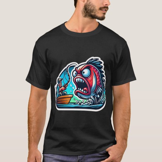 怒っている漫画の魚が漁師に怒鳴っている Tシャツ (正面)