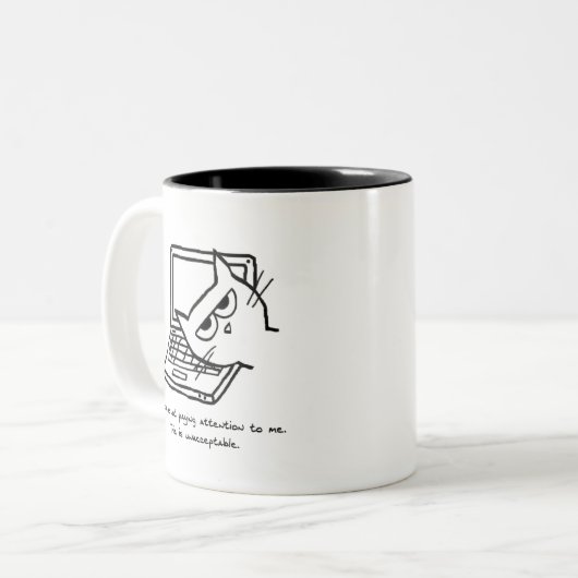 怒っている猫は注意-おもしろいな猫のマグ--を要求します ツートーンマグカップ (正面左)