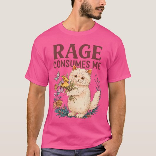怒りに飲まれる猫の花 楽しい子猫 女性 男性 Tシャツ (正面)
