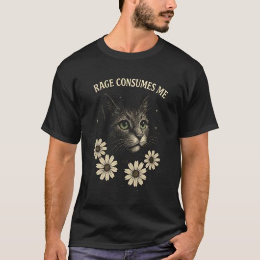 怒りに飲まれる面白い猫のミーム Tシャツ (正面)