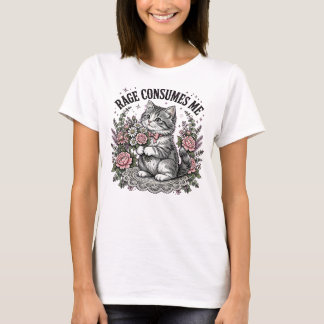 怒りに飲まれる面白い猫Tシャツ | かわいいヴィンテージ花柄 Tシャツ