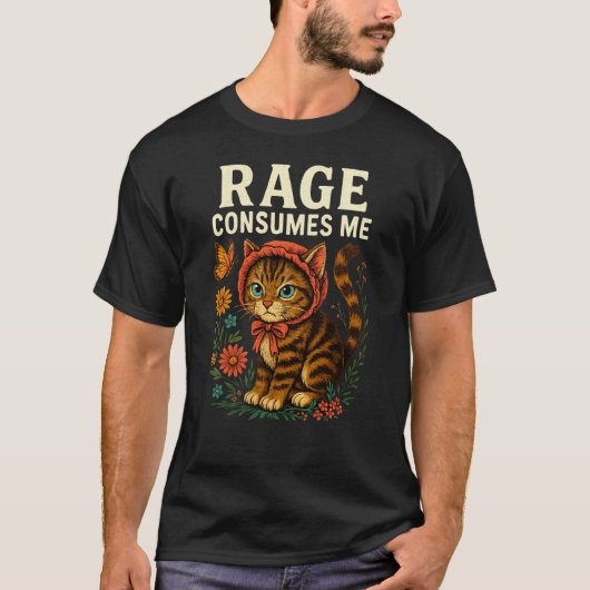 怒りに飲まれる 猫の面白いミーム Tシャツ (正面)