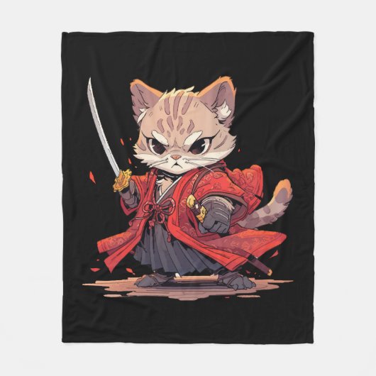 怒れる侍スタイルの猫ヒーロー フリースブランケット (正面)