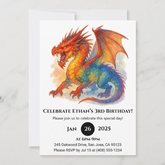 怒れる虹のドラゴン 誕生日おめでとう 招待状 (正面)