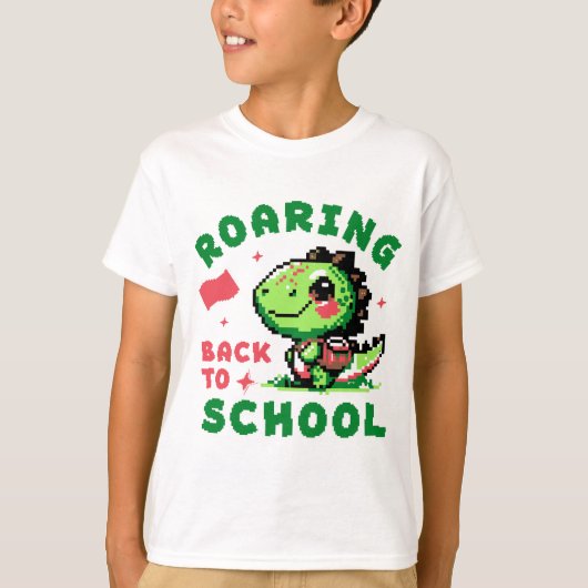 怒吼する恐竜のバックトゥスクールデザイン Tシャツ (正面)