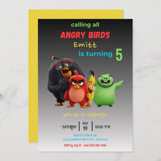 怒鳥ムービー子供の誕生日パーティの招待状 招待状 (正面/裏面)