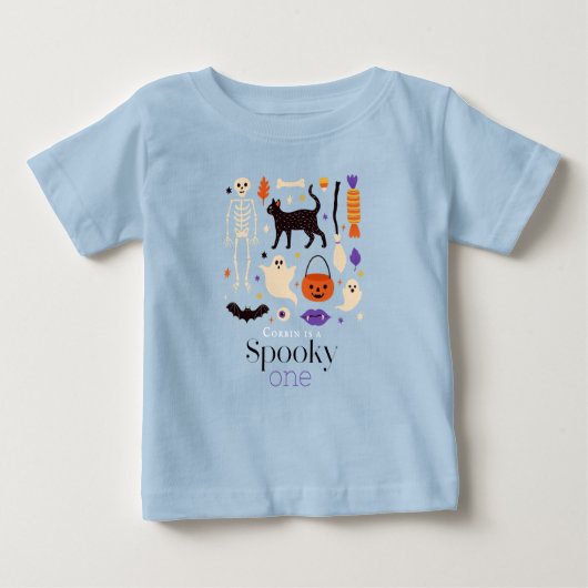 怖いおばけ ハロウィンモチーフ 青 1歳誕生日 ベビーTシャツ (正面)