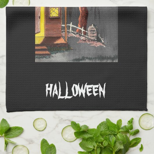 怖いおもしろいハロウィーンこうもり幽霊のよく出るハウス キッチンタオル (折り畳み)