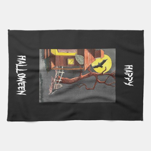 怖いおもしろいハロウィーンこうもり幽霊のよく出るハウス キッチンタオル (横)