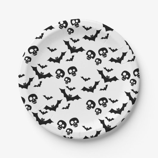 怖いおもしろい黒いスカルとこうもり ペーパープレート (正面)