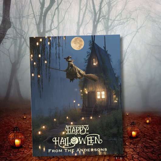 怖いウィッチ幽霊のよく出るハウスフォレストハロウィーンフォト シーズンポストカード