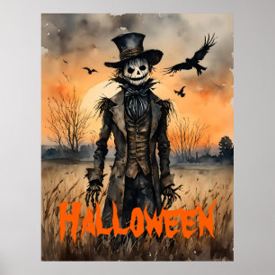 怖いカカシとカラスのハロウィン ポスター