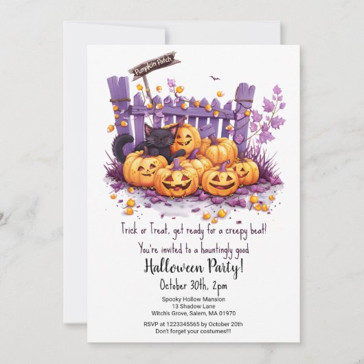 怖いカボチャかわいい黒猫ハローウィンパーティ 招待状 (正面)