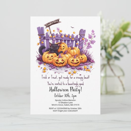 怖いカボチャかわいい黒猫ハローウィンパーティ 招待状 (スタンド正面)