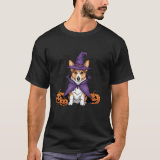 怖いカボチャこうもりおもしろいウィッチハットコーギドッグハロー Tシャツ