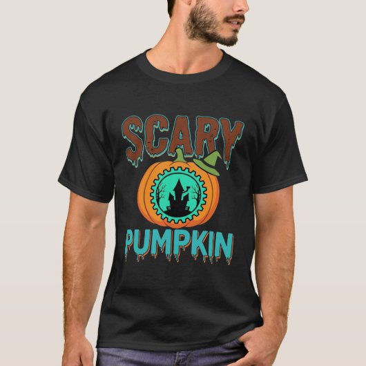 怖いカボチャのハロウィンお化け屋敷デザイン Tシャツ (正面)