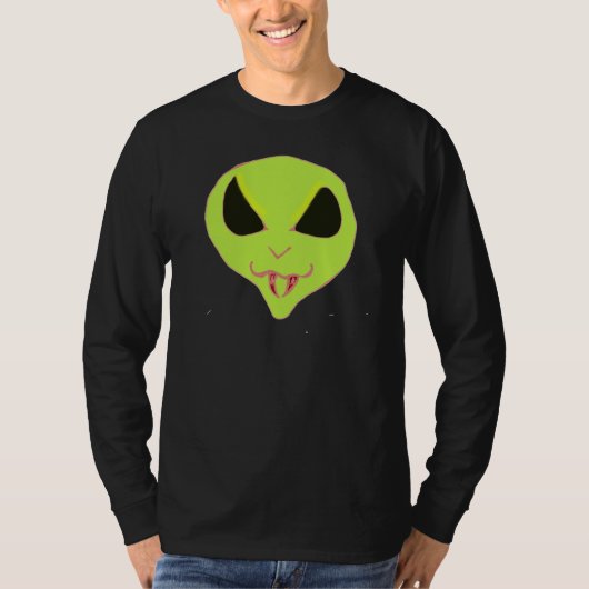 怖いグリーンエイリアン顔ファンシャツ Tシャツ (正面)
