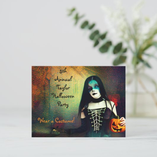 怖いゴシックの女の子とカボチャハローウィンパーティ ポストカード (スタンド正面)
