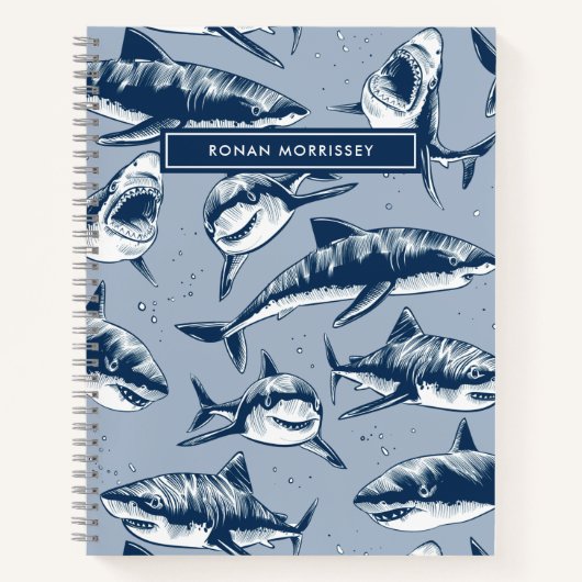 怖いサメの柄のネームブルー キッズ ノートブック (正面)