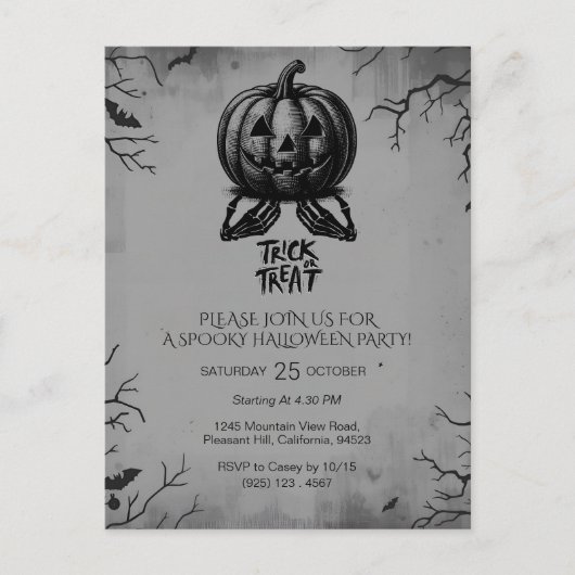 怖いスケルトンのカボチャのトリックまたは治療不気味パーティー ポストカード (正面)