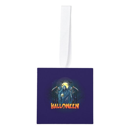 怖いスケルトンの夜ハロウィーン、私のハロウィンムード。 キューブオーナメント (正面)