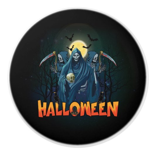 怖いスケルトンの夜ハロウィーン、私のハロウィンムード。 セラミックノブ (正面)