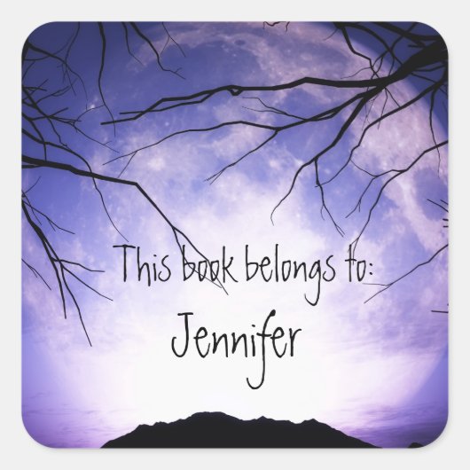 怖いスプックムーンフォレストツリーズナイトスカイ蔵書票 スクエアシール (正面)