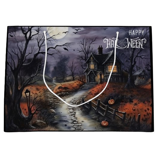 怖いハッピーハローウィン幽霊のよく出るハウス ラージペーパーバッグ (正面)
