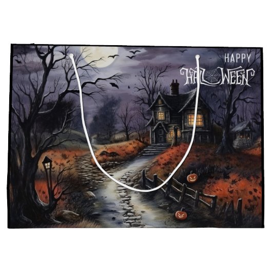 怖いハッピーハローウィン幽霊のよく出るハウス ラージペーパーバッグ (裏面)