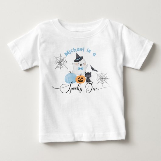 怖いハロウィンのお誕生日青いブー ベビーTシャツ (正面)