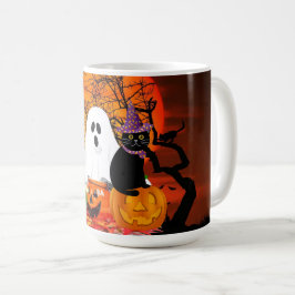 怖いハロウィンの幽霊と黒猫 コーヒーマグカップ