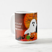 怖いハロウィンの幽霊と黒猫 コーヒーマグカップ (正面左)