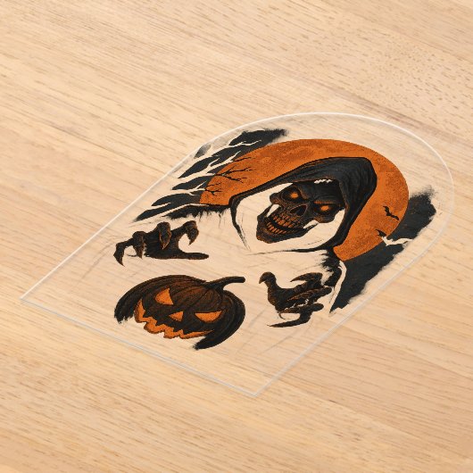 怖いハロウィンウィザード – 不気味なフード付きスカル アクリル招待状 (レイダウン)