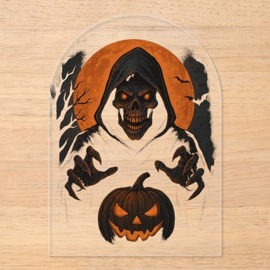 怖いハロウィンウィザード – 不気味なフード付きスカル アクリル招待状 (正面)