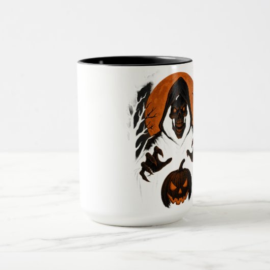 怖いハロウィンウィザード – 不気味なフード付きスカル マグカップ (中央)