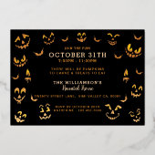 怖いハロウィーンのカボチャのちょうちんかぼちゃハロウィンカービング 箔招待状 (裏面)