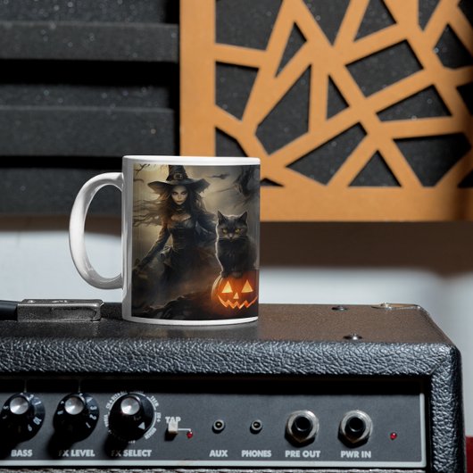 怖いハロウィーンのカボチャ、黒猫、魔女 コーヒーマグカップ