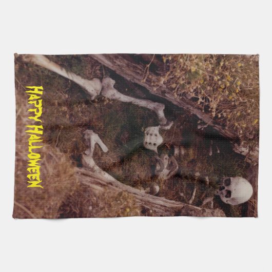 怖いハロウィーンのスケルトンの骨墓地が設計 キッチンタオル (横)