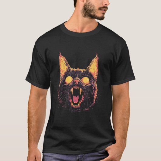 怖いハロウィーンの不気味な猫のホラー Tシャツ (正面)