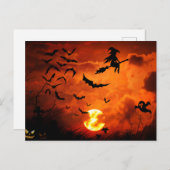 怖いハロウィーンの夜 – 魔女、こうもり、幽霊 シーズンポストカード (正面/裏面)