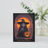 怖いハロウィーンの魔女と熱狂するスマイルカボチャ ポストカード (スタンド正面)