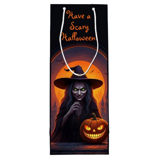 怖いハロウィーンの魔女と熱狂するスマイルカボチャ ワインギフトバッグ (裏面)