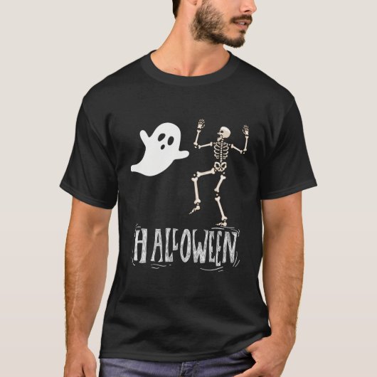 怖いハロウィーン幽霊とおもしろいスケルトン Tシャツ (正面)