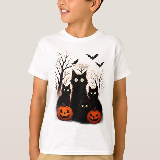 怖いハロウィーン猫とこうもりデザイン | 暗い恐怖 Tシャツ (正面)