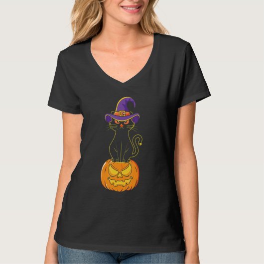 怖いハロウィーン黒猫の衣装ウィッチハット&ムーン Tシャツ (正面)